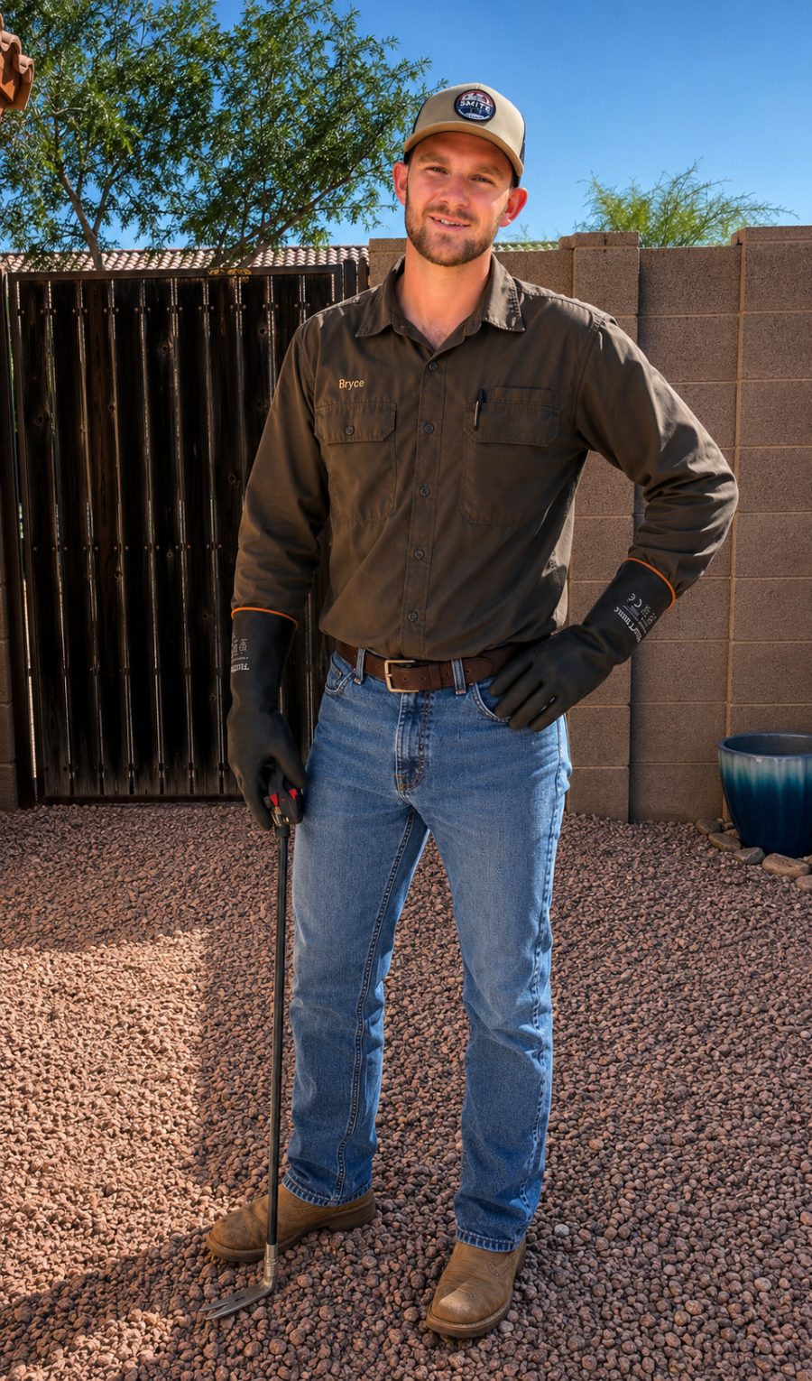 Bryce, owner of Smite Termite & Pest Control, in uniform at a West Valley home